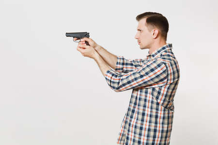 Man aiming with gun in hand pointing gesture isolated on white background.