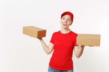Delivery smiling woman in red uniform isolated on white background. Female in cap, t-shirt, jeans...