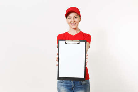 Delivery woman in red uniform isolated on white background. Female in cap, t-shirt, jeans working as...