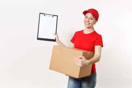Delivery woman in red uniform isolated on white background. Female courier in cap, t-shirt holding...