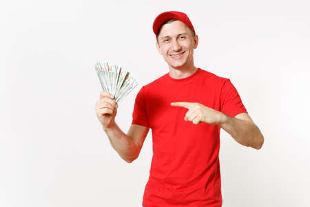 Delivery man in red uniform isolated on white background. Professional male in cap, t-shirt working...
