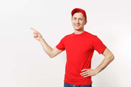 Delivery man in red uniform isolated on white background. Professional smiling male in cap, t-shirt...