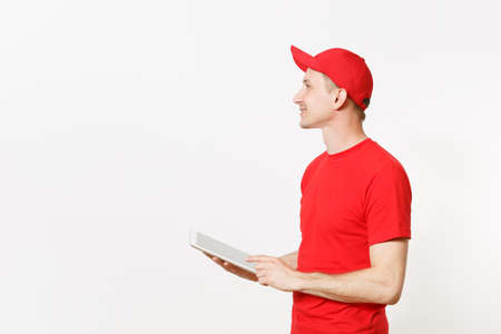 Delivery man in red uniform isolated on white background. Male in cap, t-shirt, jeans working as...