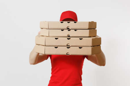 Woman in red cap, t-shirt giving food order pizza boxes isolated on white background. Female...
