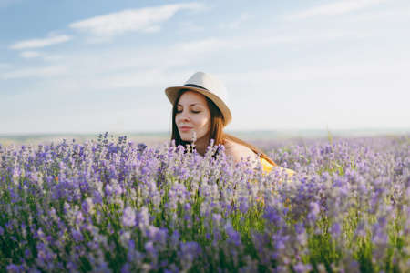Portrait of young sensual beautiful woman in yellow dress on purple lavender flower blossom meadow field outdoors on summer nature background. Tender female near flowering bush. Lifestyle conceptの写真素材