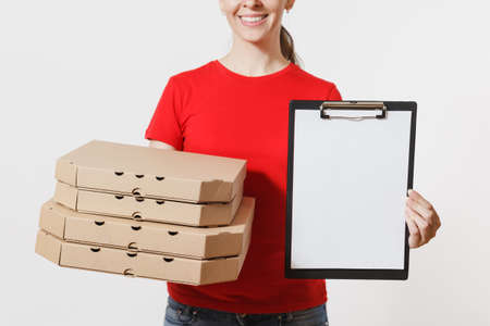 Delivery woman in red cap, t-shirt giving food order italian pizza in cardboard flatbox boxes isolated on white background. Female courier holding clipboard with papers document, blank empty sheetの写真素材