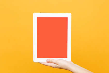 Close up female hold in hand tablet pc pad with blank empty screen with place for text or image, workspace isolated on trending yellow orange background. Technology concept. Copy space advertisementの写真素材