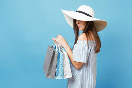 Portrait fashionable elegant fashion beautiful caucasian woman in summer dress, white large wide...