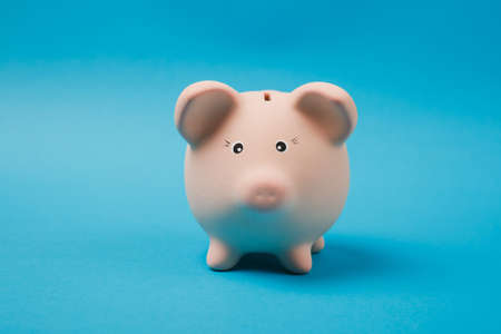 Close up photo of pink piggy money bank isolated on bright blue wall background. Money accumulation, investment, banking or business services, wealth concept. Copy space advertising mock upの写真素材