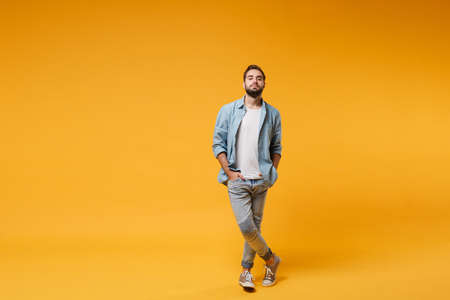 Handsome young bearded man in casual blue shirt posing isolated on yellow orange background, studio...