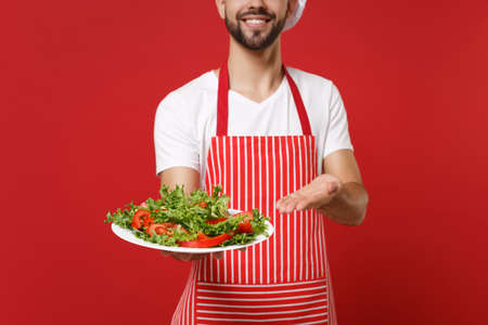 Cropped image of male chef cook or baker man in striped apron white t-shirt posing isolated on red background. Cooking food concept. Mock up copy space. Pointing hand on plate with vegetable salad.の写真素材