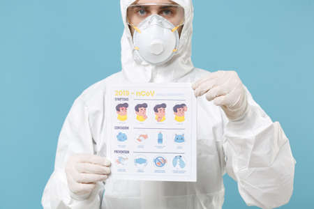 Man in white protective suit respirator mask hold card with symptom contagion prevention isolated on...