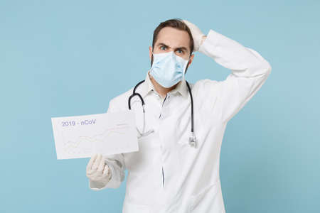 Angry doctor man in medical gown face mask gloves isolated on blue background. Epidemic pandemic coronavirus 2019-ncov sars covid-19 flu virus concept. Hold card globe infographiÑ, put hand on head.の写真素材