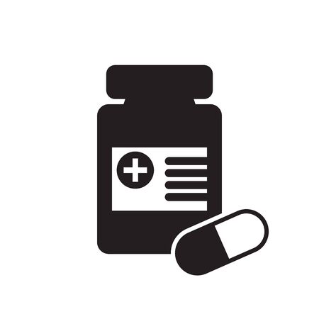 Medicine bottle and pills icon. Black and white icon. Vector illustrationのイラスト素材