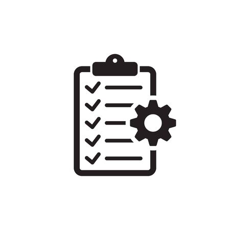 Clipboard with gear isolated icon. Technical support check list icon. Management flat icon concept. Software development.のイラスト素材