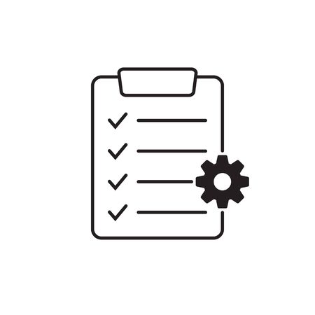 Clipboard with gear isolated icon. Technical support check list icon. Management flat icon concept. Software development.のイラスト素材