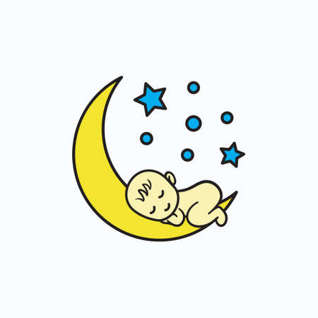 The baby sleeps on a moon. Baby sleeping on moon. Sweet dream illustration. White background.のイラスト素材