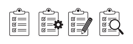 Clipboard icon. Checklist with gear, checkmarks, magnifier and pencil.のイラスト素材
