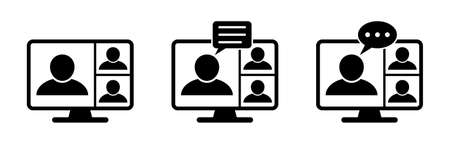 Video conference icon. Meeting People on computer screen. Home office in quarantine times. Internet teaching media Business Presentation. Digital communication.のイラスト素材