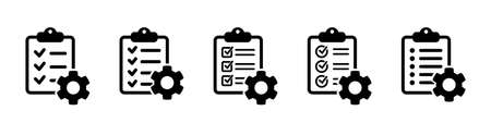 Clipboard with gear isolated icon. Technical support check list icon. Management flat icon concept. Software development.のイラスト素材
