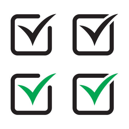 Green tick icon vector symbol, checkmark isolated on white background, checked icon or correct choice sign, check mark or checkbox pictogram.のイラスト素材