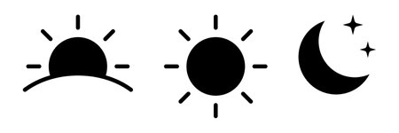Bundle of black silhouettes of rising or setting sun, crescent moon and stars. Collection of day and night time pictograms. Set of design elements isolated on white background.のイラスト素材