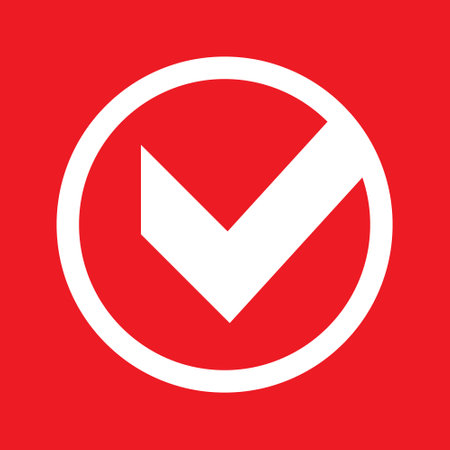 check mark icon. White Ok, accept vector illustration on red isolated background. Tick business concept.のイラスト素材