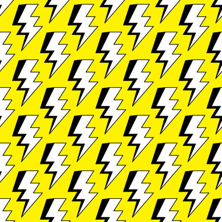 Lightning seamless pattern. Yellow background with electric lightning bolts. Thunder vector pattern, wallpaper. Bolt symbol background.のイラスト素材