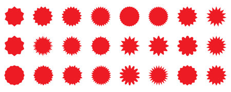 Set of vector red starburst, sunburst badges. Simple flat style vintage labels, stickers.のイラスト素材
