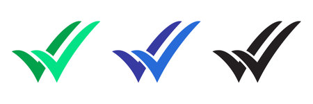 Double checking icon. Green, blue and black double tick, check mark. Flat done sticker icon isolated on white. accept button. Good for web and software interfaces. vector illustrationのイラスト素材