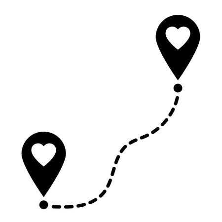 Two geolocation signs with heart. Map pointer with heart icon. Connecting lovers. long distance relationship. Love no distance. Happy Valentine's day card. vector illustrationのイラスト素材