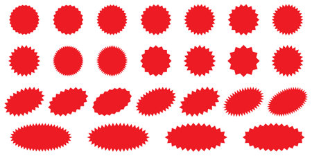Starburst red sticker set - collection of special offer sale round and oval sunburst labels and buttons isolated on white background. Stickers and badges with star edges for promoのイラスト素材