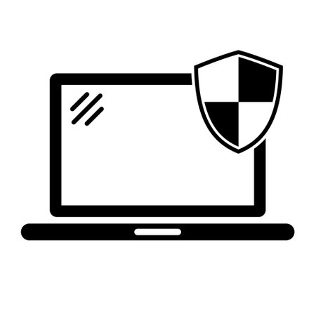 Laptop security icon, Laptop protection icon. Laptop and shield icon. Internet security concept. Identification and protection symbol.のイラスト素材
