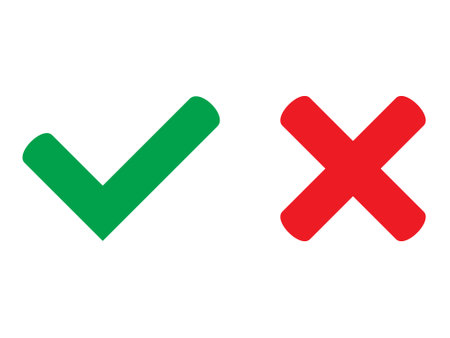 Yes symbol and No symbol. Green tick and red cross checkmarks icons. Approved or rejected icon for user interface. vector illustration.のイラスト素材