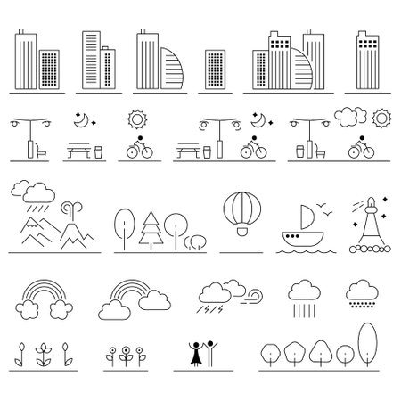 Landscape related icons: thin vector icon set. City park and buildings icons, editable stroke.のイラスト素材