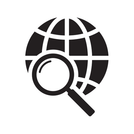 Magnifier and globe icon, search for a place on a map or on the globe icon. The icon of the magnifying glass and planet Earth.のイラスト素材