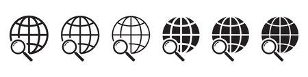 Magnifier and globe icon, search for a place on a map or on the globe icon. The icon of the magnifying glass and planet Earth.のイラスト素材