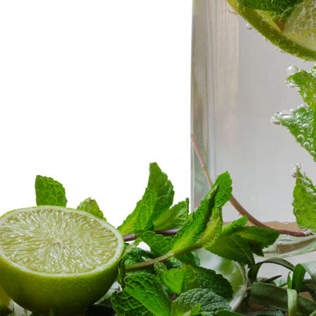 cocktail mojito with a slice of lime, mint and estragon in a glass with gas sparklesの写真素材
