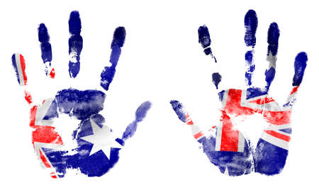 The imprint two hands in the colors of Australian flagの写真素材