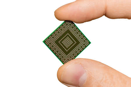 Computer chip picture in hand, isolated on white background