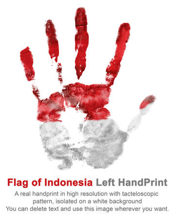 Colorful left hand print of gouache in color of national flag of Indonesiaの写真素材