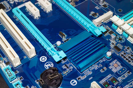 A computer desktop mainboard with electronic components closeupの写真素材