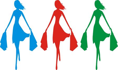 sale time, Three colorful silhouettes of a young slim and stylish girl in a move bearing shopping bagsの写真素材