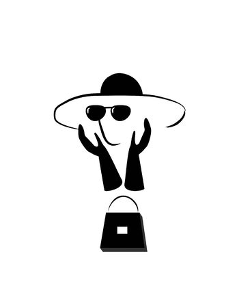 woman face in sunglasses and elegant hat with bagの写真素材