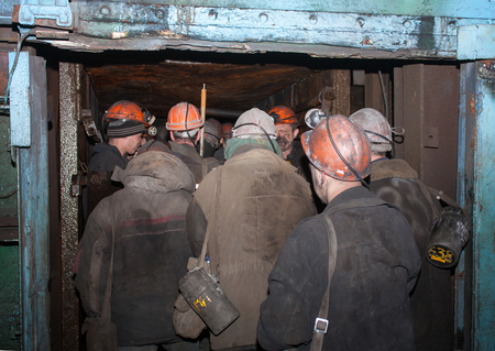 Gorlovka, Ukraine - February, 26, 2014: Miners of the mine named after Kalinin down in underground minesのeditorial素材
