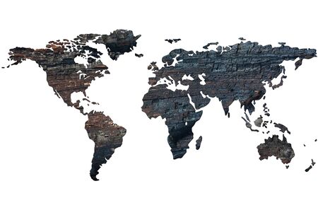 World map on the background of burnt wood. Isolated on white background