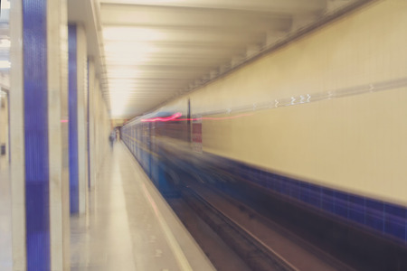 Moving train in subway tunnel. Abstract blurの写真素材
