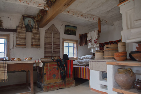 Interior and utensils in the house of a peasant. Ukraine, Pirogovoのeditorial素材