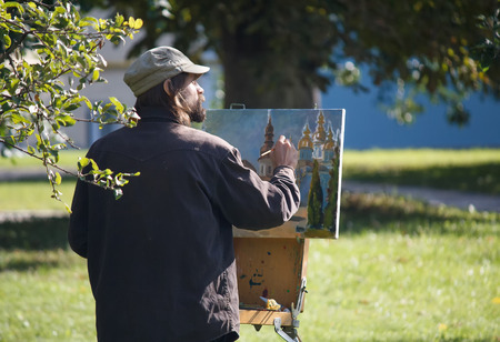 Kiev, Ukraine - September 11, 2015: Artist painting of the dome of St. Michael's Golden-Domed Monasteryのeditorial素材