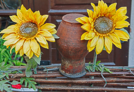 Decoration of sunflowers and pots in the style of the u?krainian villageの写真素材